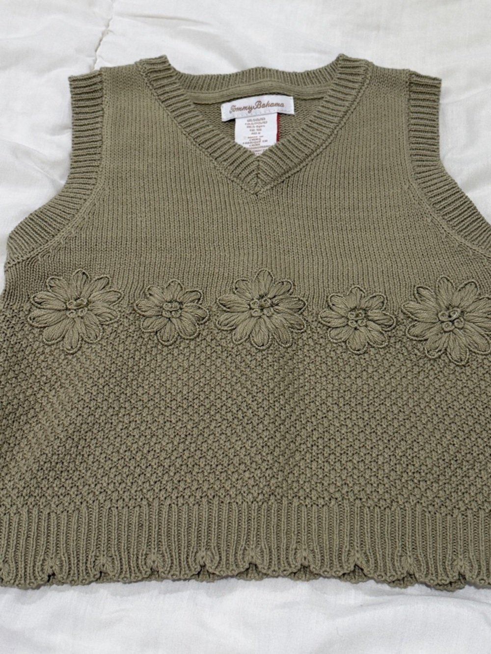 Tommy Bahama Olive Knit V-Neck Floral-Embroidered Sweater Vest